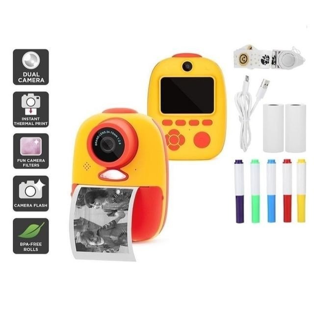 Instant Print Camera for Kids, Zero Ink Camera with Paper Films, Cartoon Sticker and Color Pencils