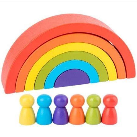 Wooden Rainbow Stacking Blocks with Wooden Peg Dolls