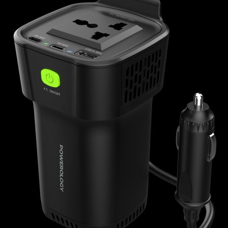 Powerology 150W Cup Holder Power Inverter Dual USB-C & USB-A QC3.0