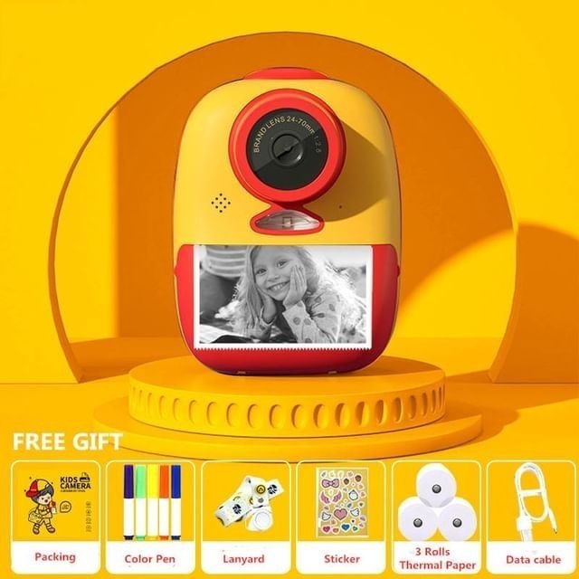 Instant Print Camera for Kids, Zero Ink Camera with Paper Films, Cartoon Sticker and Color Pencils