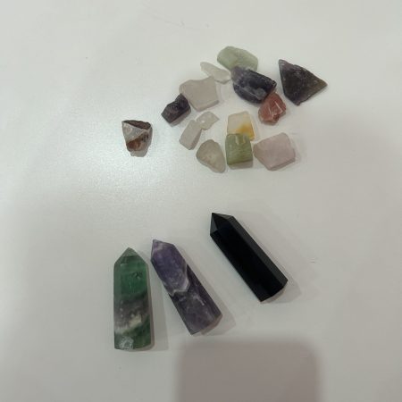 Crystals (amethyst, flourite, obsidian, confetti crystals)
