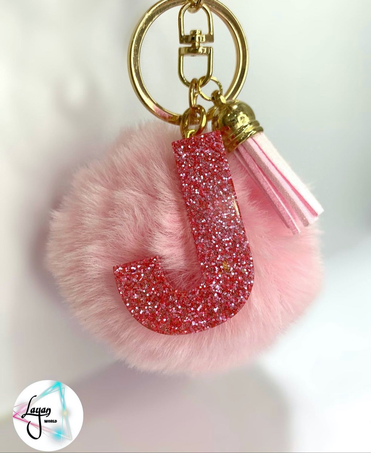 pink glitter keychain with pink pompom