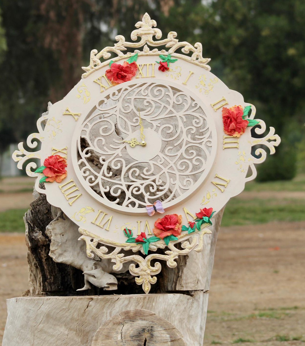 Wall Clock with Sculptural Flowers