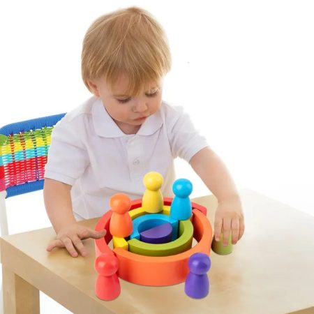 Wooden Rainbow Stacking Blocks with Wooden Peg Dolls