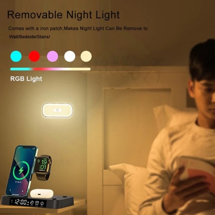 30W 3-in-1 Wireless Charging Phone Stand With RGB Night Light & Alarm Clock & Watch Charger