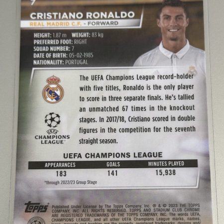 Cristiano ronaldo ( real madrid ) stadium club chrome - topps 2023