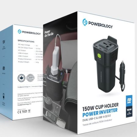 Powerology 150W Cup Holder Power Inverter Dual USB-C & USB-A QC3.0