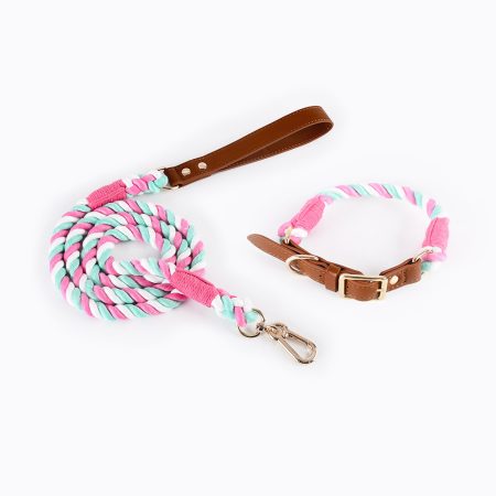Rope Collar & Leash set ( pink/white/green)