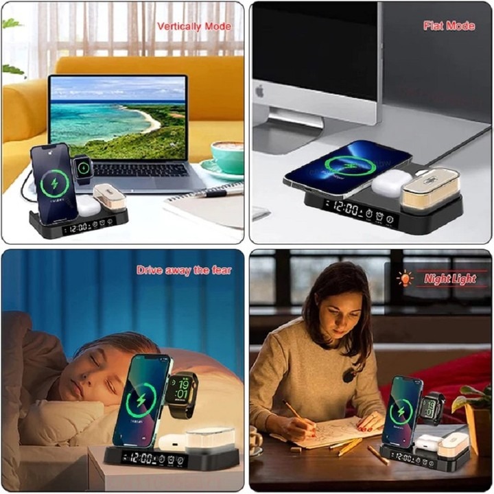 30W 3-in-1 Wireless Charging Phone Stand With RGB Night Light & Alarm Clock & Watch Charger