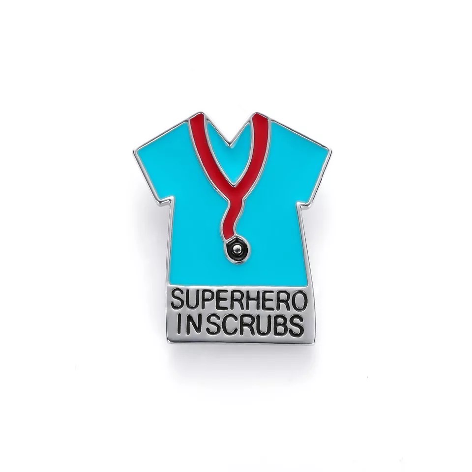 Super hero in scrubs pin - blue